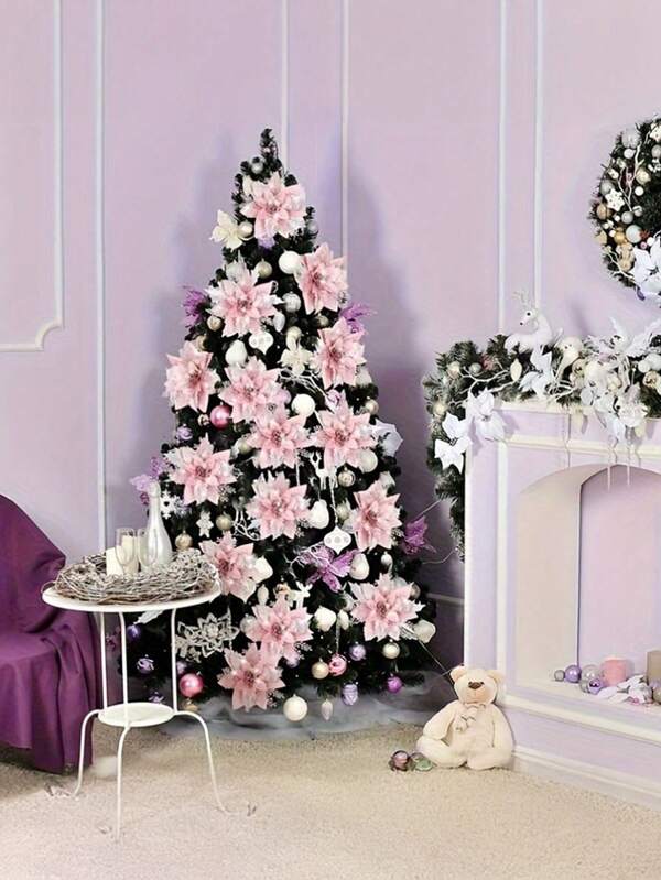 Blue Poinsettia Ornaments – 5.7" Christmas Tree Flower Decorations