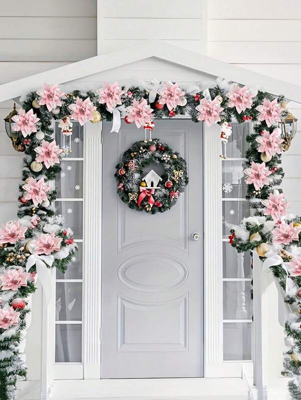 Blue Poinsettia Ornaments – 5.7" Christmas Tree Flower Decorations