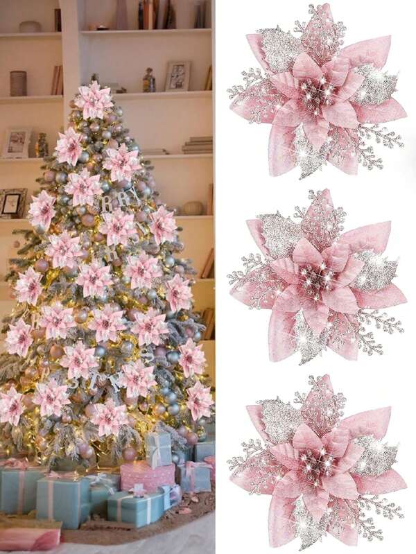 Blue Poinsettia Ornaments – 5.7" Christmas Tree Flower Decorations