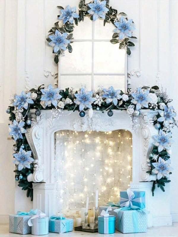 Blue Poinsettia Ornaments – 5.7" Christmas Tree Flower Decorations