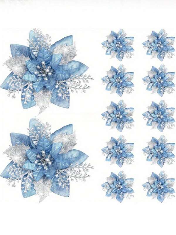 Blue Poinsettia Ornaments – 5.7" Christmas Tree Flower Decorations