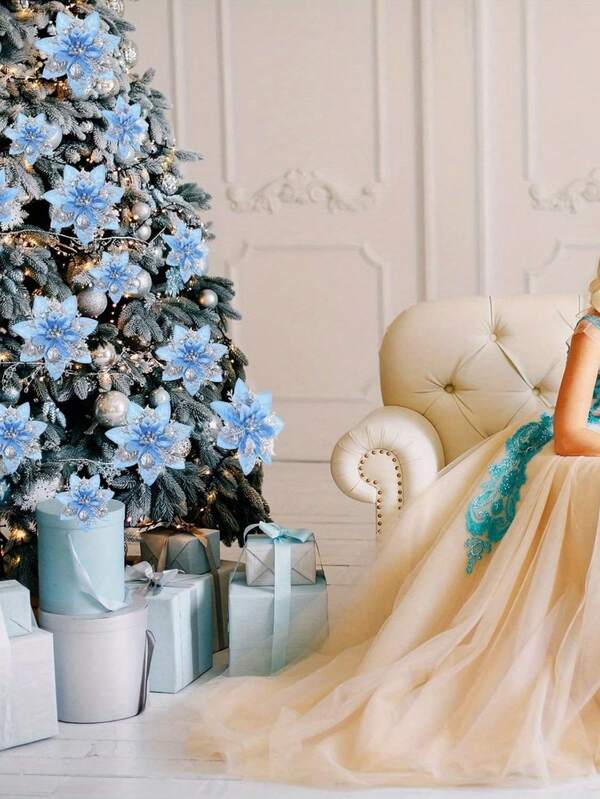 Blue Poinsettia Ornaments – 5.7" Christmas Tree Flower Decorations