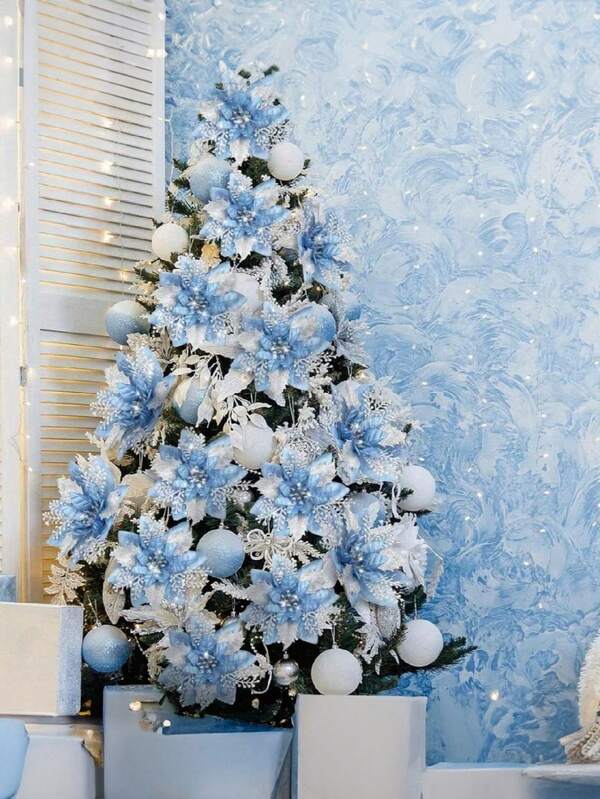 Blue Poinsettia Ornaments – 5.7" Christmas Tree Flower Decorations