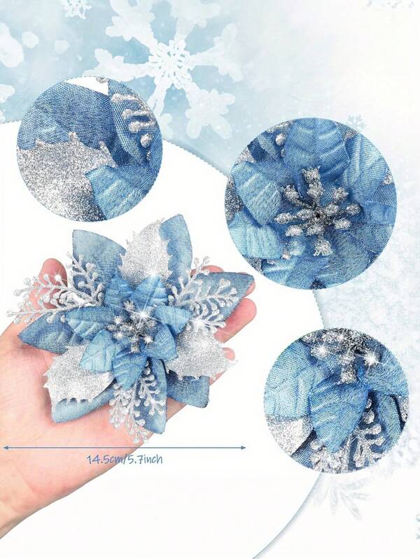 Blue Poinsettia Ornaments – 5.7" Christmas Tree Flower Decorations