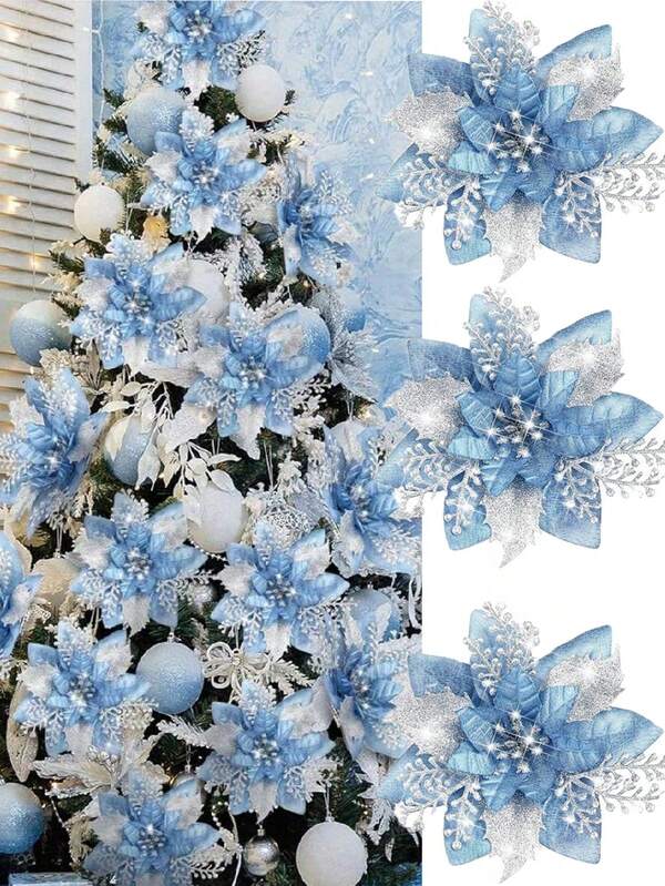 Blue Poinsettia Ornaments – 5.7" Christmas Tree Flower Decorations