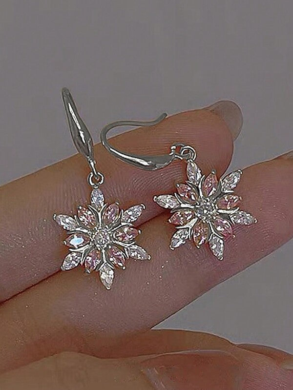 Snowflake Rhinestone Christmas Earrings – Elegant Pink Crystal Jewelry for Women