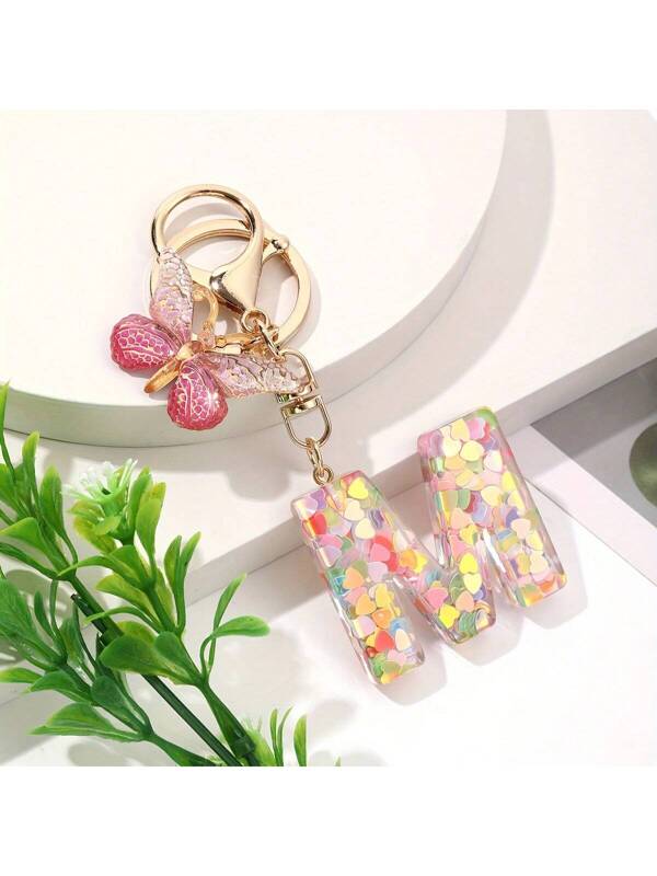 Neutral A-Z Colored Heart-Shaped Glitter KC Gold Keychain