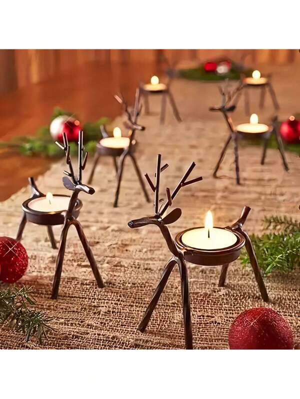 2PCS Reindeer Candle Holders – Christmas Iron Tabletop Decorations